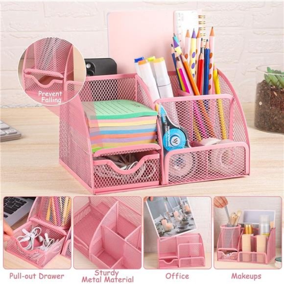 9 in 1 Pink Desk Organizers and Accessories Set, Pink Gifts Mesh Desk Organizer - Picture 2 of 7